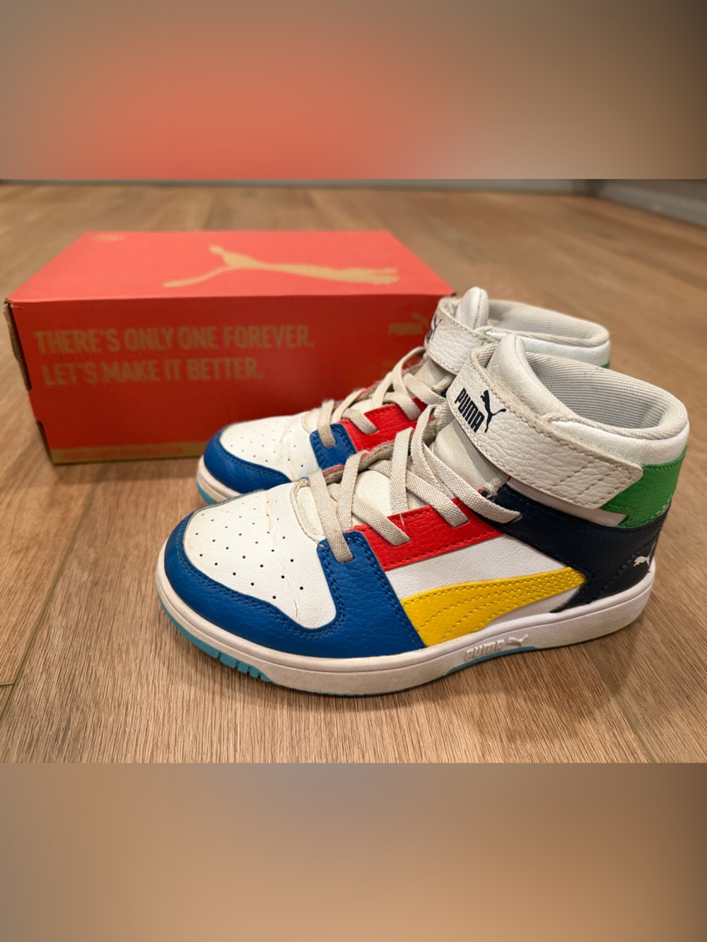 Puma Kids White Sneakers with Blue, Red, Yellow & Green Accents